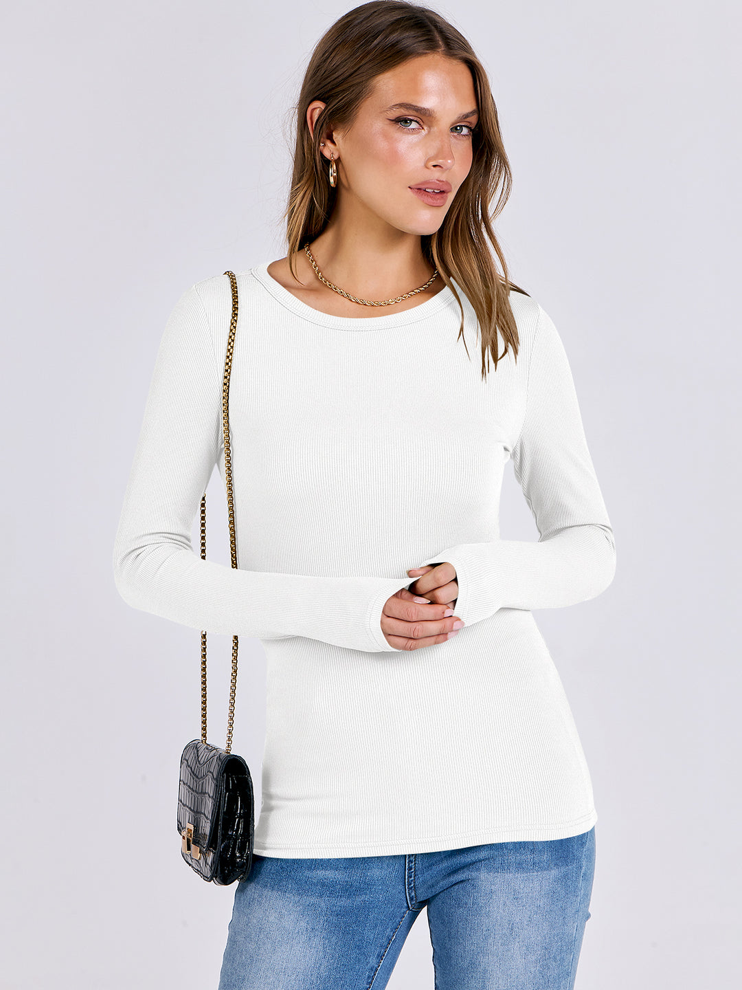 ANRABESS Long Sleeve Shirts for Women Ribbed Knit Slim Fit Basic Tops Crewneck Tees Spring Fall Casual Underscrubs Layer Clothes