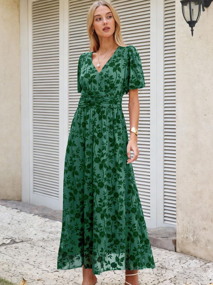 ANRABESS Women’s Floral Maxi Formal Dress Summer Mesh Short Sleeve V Neck Empire Waist Wedding Guest Party Dresses