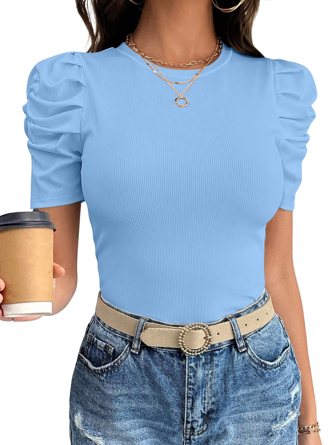 ANRABESS Women's Puff Short Sleeve Ribbed Top