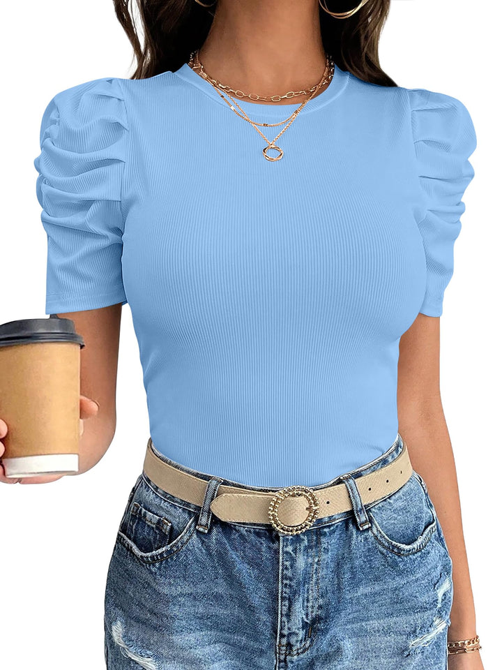 ANRABESS Women's Puff Short Sleeve Ribbed Top
