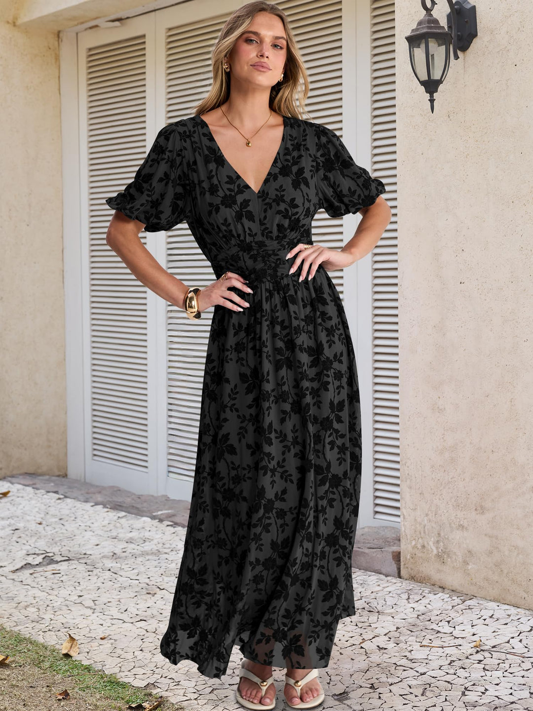 ANRABESS Women’s Floral Maxi Formal Dress Summer Mesh Short Sleeve V Neck Empire Waist Wedding Guest Party Dresses