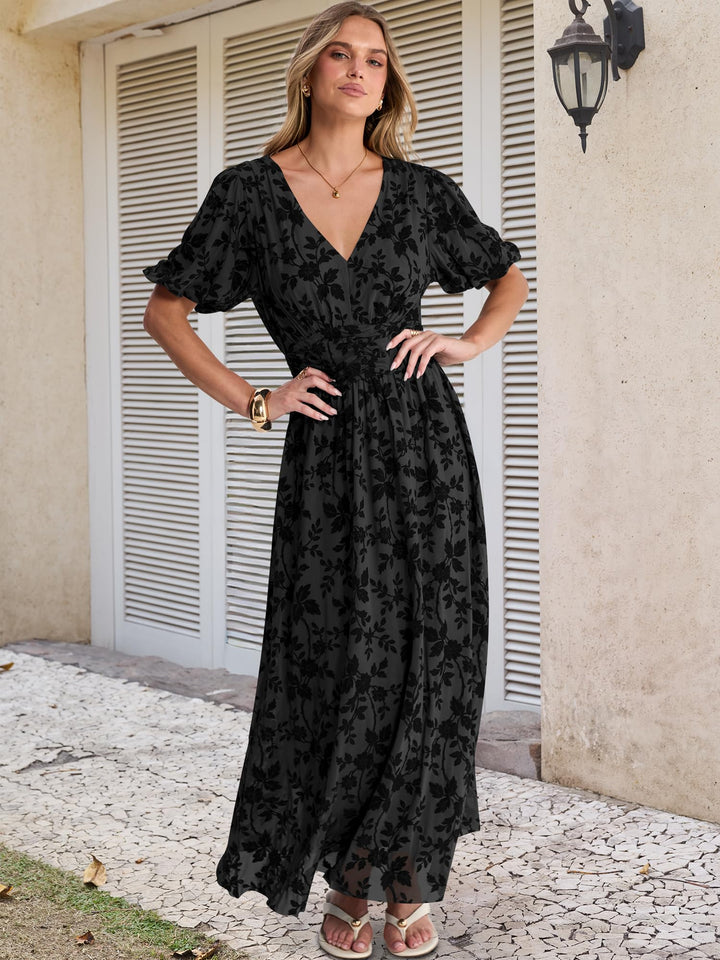 ANRABESS Women’s Floral Maxi Formal Dress Summer Mesh Short Sleeve V Neck Empire Waist Wedding Guest Party Dresses