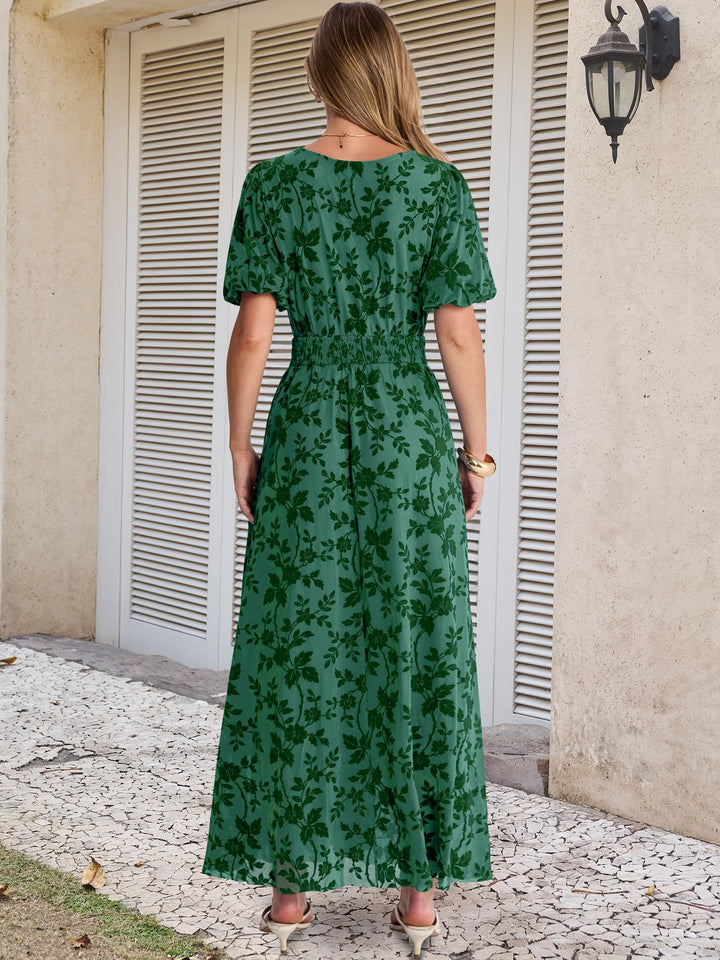 ANRABESS Women’s Floral Maxi Formal Dress Summer Mesh Short Sleeve V Neck Empire Waist Wedding Guest Party Dresses