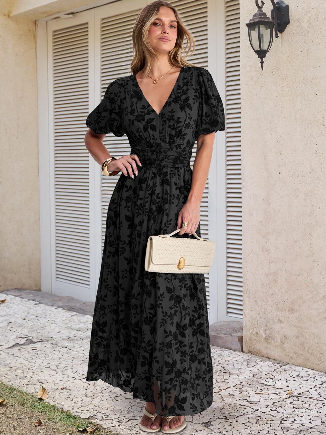 ANRABESS Women’s Floral Maxi Formal Dress Summer Mesh Short Sleeve V Neck Empire Waist Wedding Guest Party Dresses