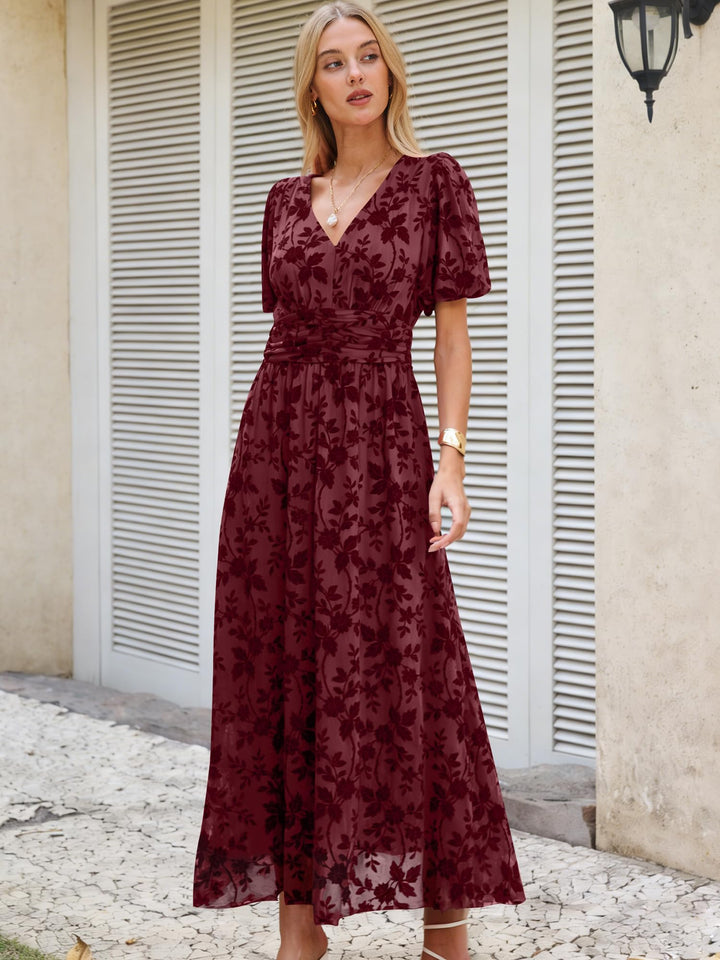 ANRABESS Women’s Floral Maxi Formal Dress Summer Mesh Short Sleeve V Neck Empire Waist Wedding Guest Party Dresses