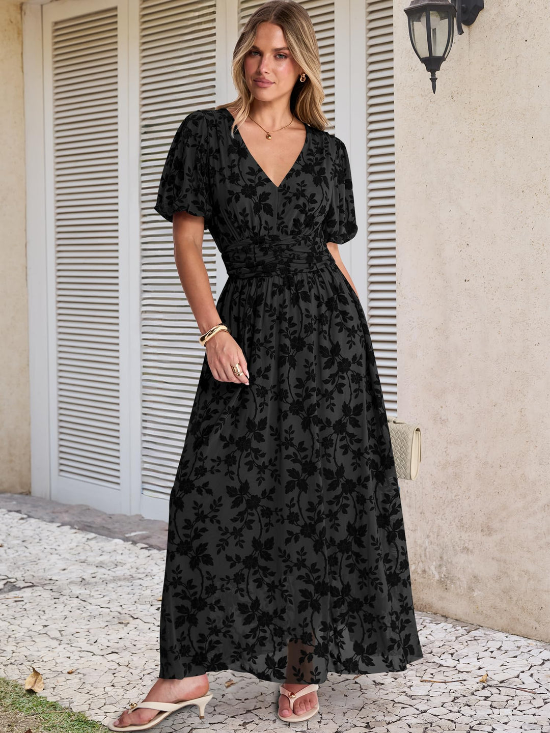 ANRABESS Women’s Floral Maxi Formal Dress Summer Mesh Short Sleeve V Neck Empire Waist Wedding Guest Party Dresses