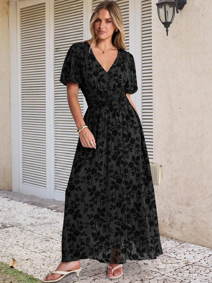 ANRABESS Women’s Floral Maxi Formal Dress Summer Mesh Short Sleeve V Neck Empire Waist Wedding Guest Party Dresses