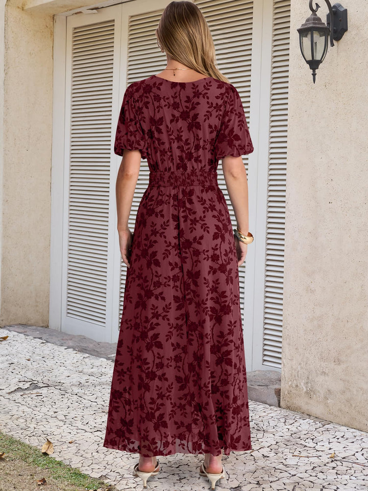 ANRABESS Women’s Floral Maxi Formal Dress Summer Mesh Short Sleeve V Neck Empire Waist Wedding Guest Party Dresses