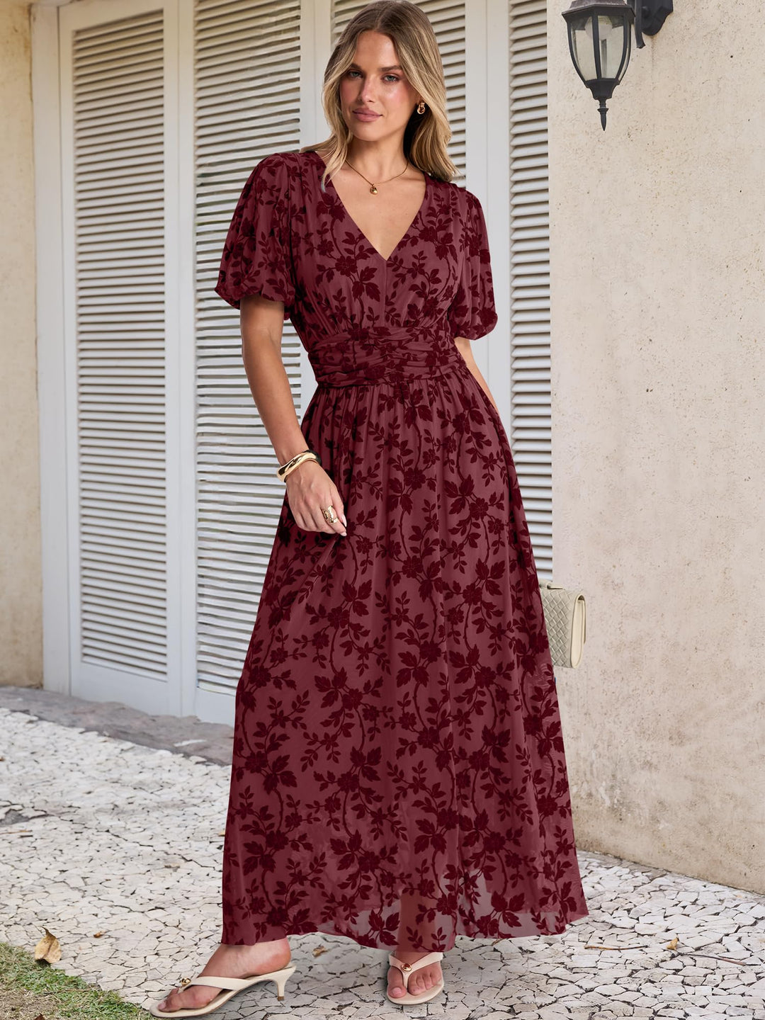 ANRABESS Women’s Floral Maxi Formal Dress Summer Mesh Short Sleeve V Neck Empire Waist Wedding Guest Party Dresses