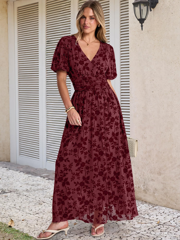 ANRABESS Women’s Floral Maxi Formal Dress Summer Mesh Short Sleeve V Neck Empire Waist Wedding Guest Party Dresses
