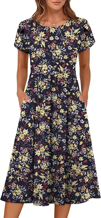 ANRABESS Summer Short Sleeve A-Line Midi Dresses for Women Flowy Casual T Shirt Dresses Beach Floral Sundress with Pockets