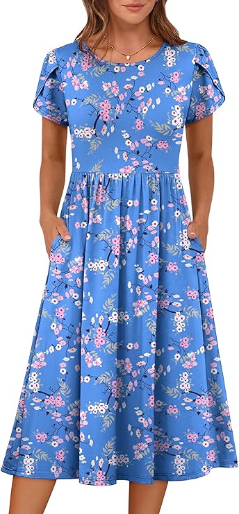 ANRABESS Summer Short Sleeve A-Line Midi Dresses for Women Flowy Casual T Shirt Dresses Beach Floral Sundress with Pockets