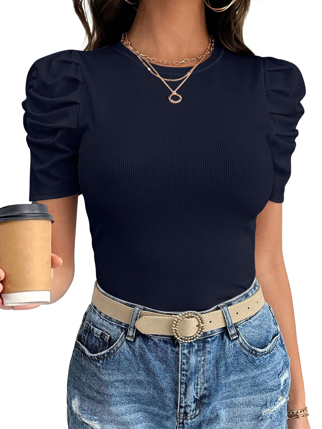 ANRABESS Women's Puff Short Sleeve Ribbed Top