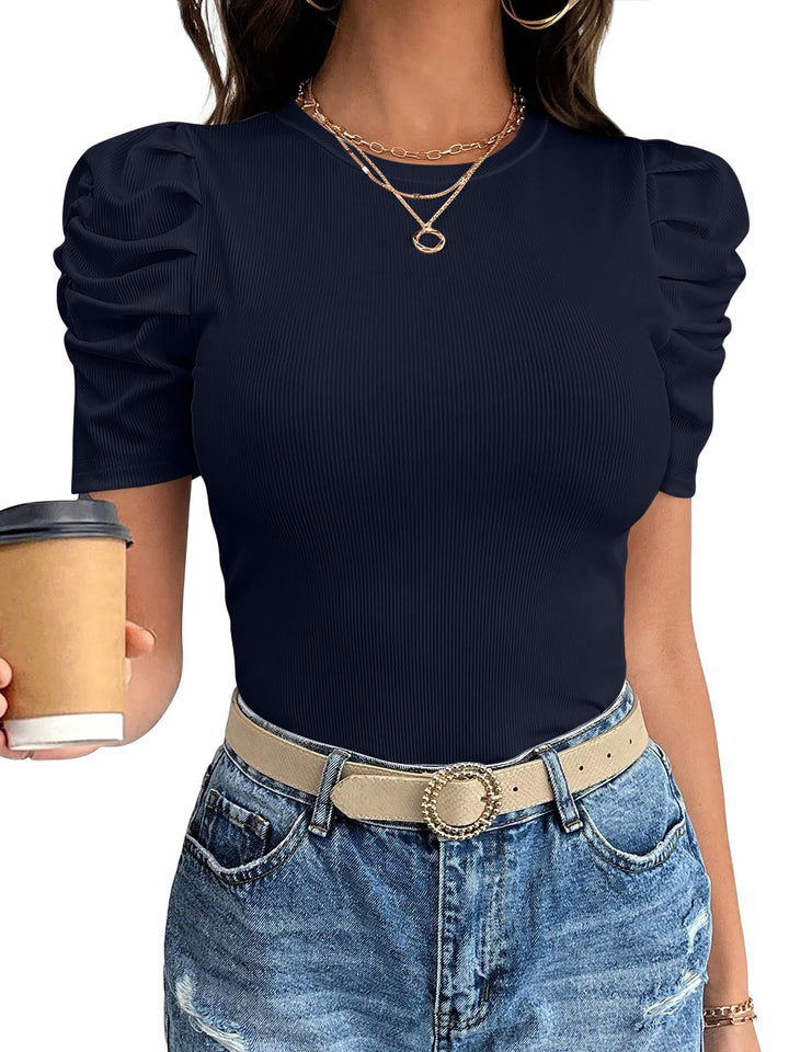 ANRABESS Women's Puff Short Sleeve Ribbed Top