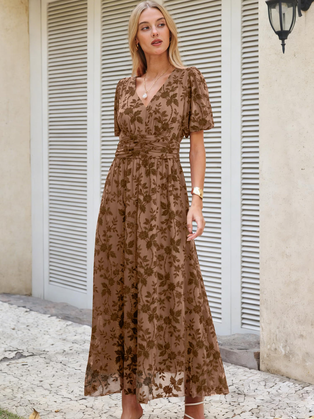 ANRABESS Women’s Floral Maxi Formal Dress Summer Mesh Short Sleeve V Neck Empire Waist Wedding Guest Party Dresses