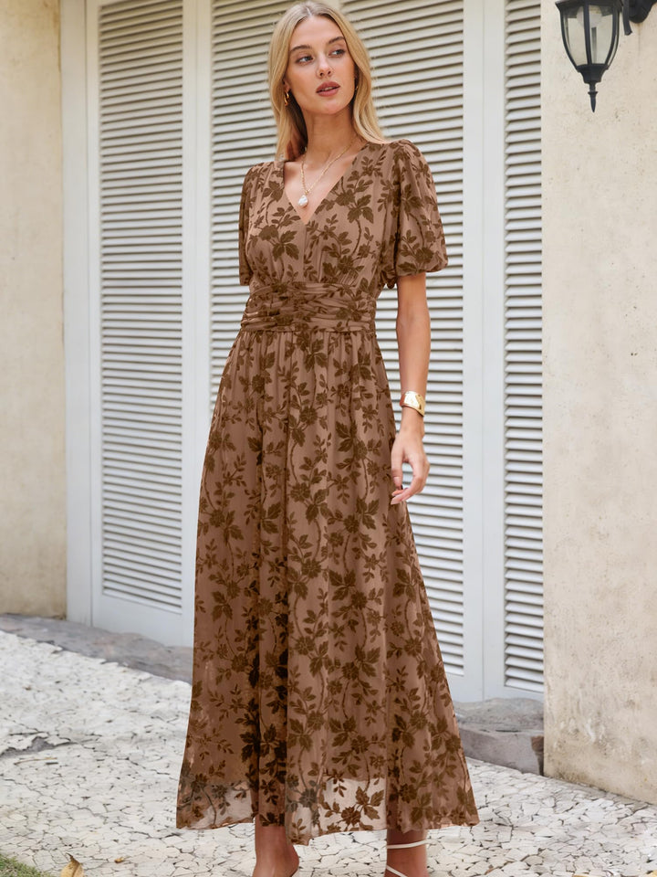 ANRABESS Women’s Floral Maxi Formal Dress Summer Mesh Short Sleeve V Neck Empire Waist Wedding Guest Party Dresses