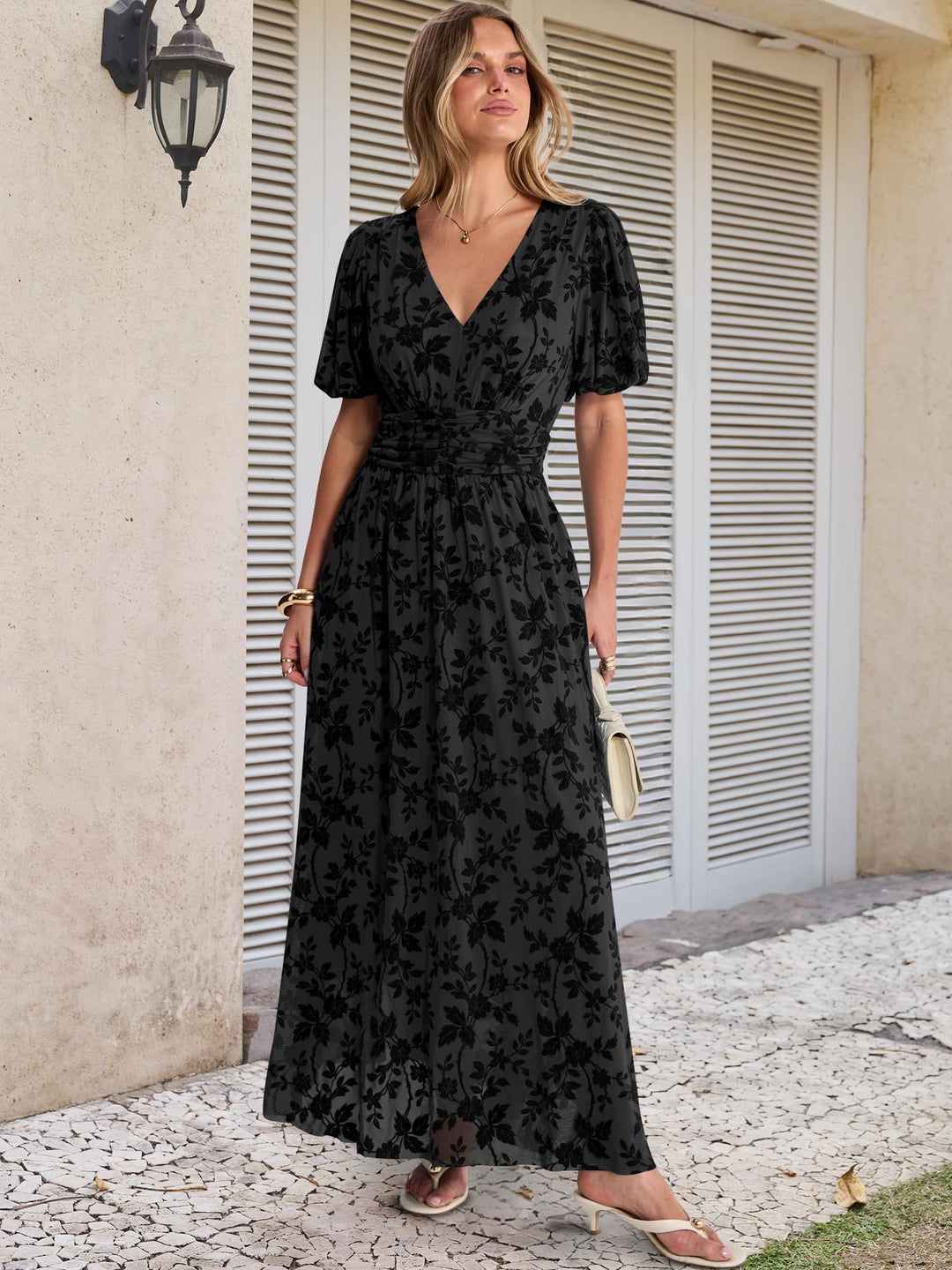 ANRABESS Women’s Floral Maxi Formal Dress Summer Mesh Short Sleeve V Neck Empire Waist Wedding Guest Party Dresses