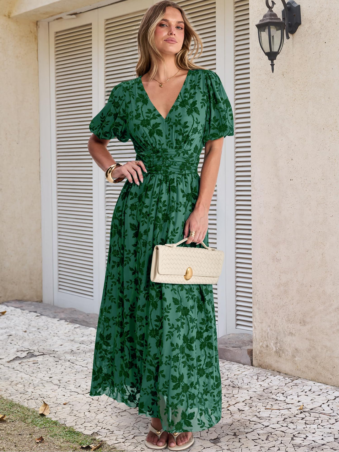 ANRABESS Women’s Floral Maxi Formal Dress Summer Mesh Short Sleeve V Neck Empire Waist Wedding Guest Party Dresses