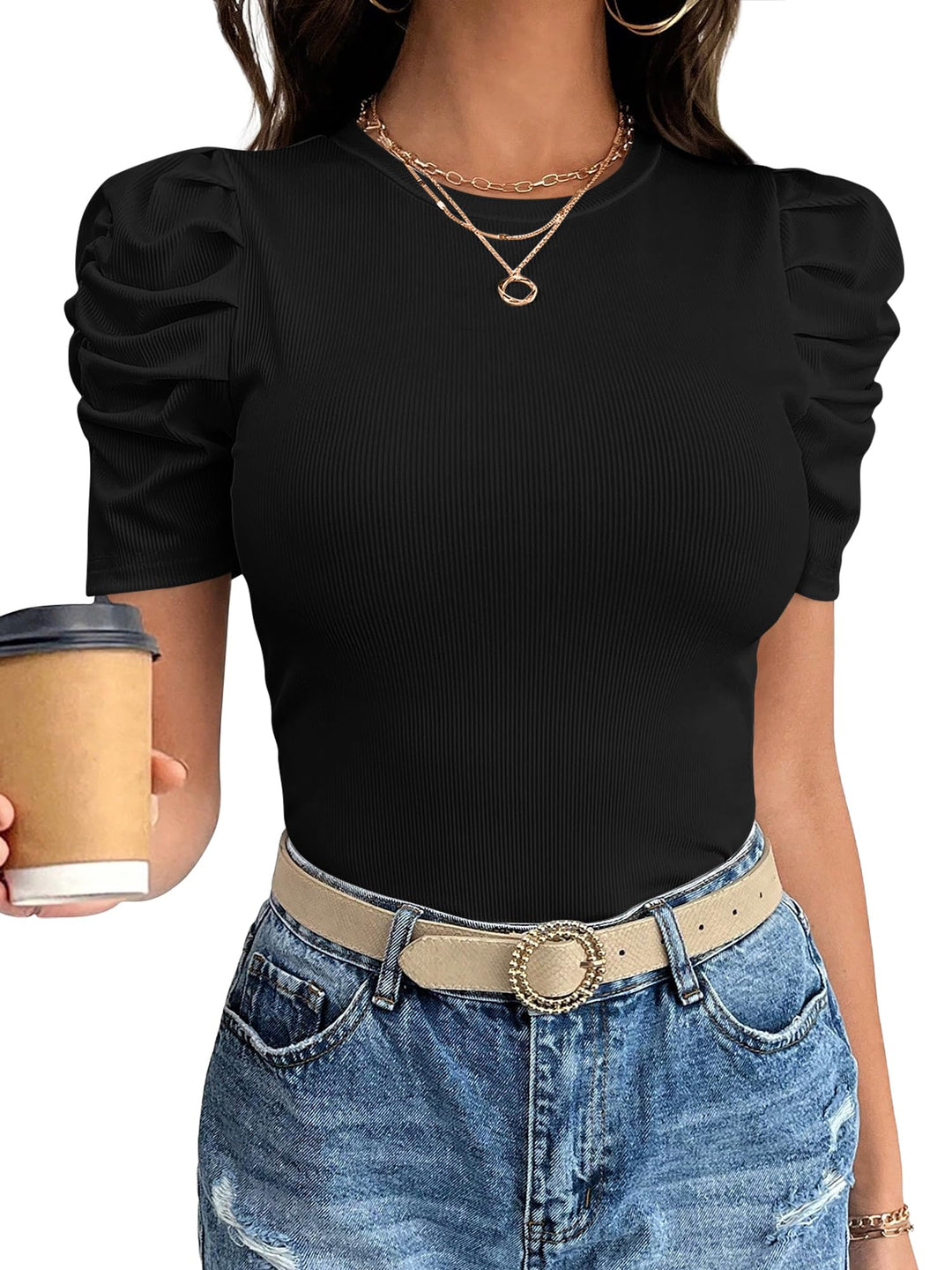 ANRABESS Women's Puff Short Sleeve Ribbed Top