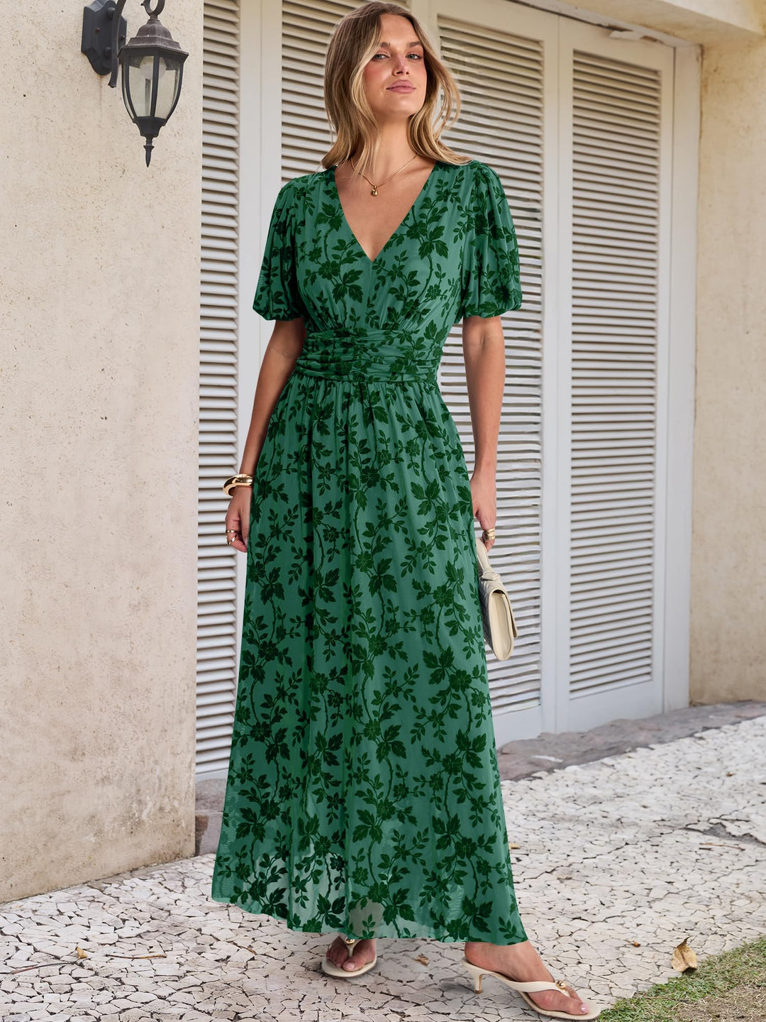 ANRABESS Women’s Floral Maxi Formal Dress Summer Mesh Short Sleeve V Neck Empire Waist Wedding Guest Party Dresses