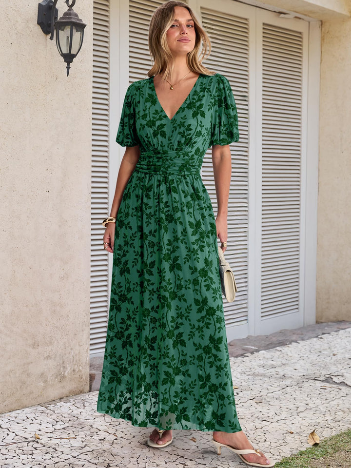 ANRABESS Women’s Floral Maxi Formal Dress Summer Mesh Short Sleeve V Neck Empire Waist Wedding Guest Party Dresses