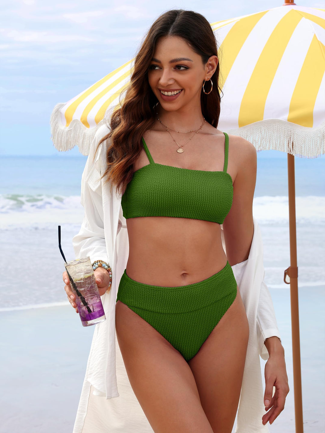 ANRABESS Tummy Control 2 Piece Swimsuits for Women High Waisted Bikini Sets Ribbed Textured Bathing Suits Beach Swimwear