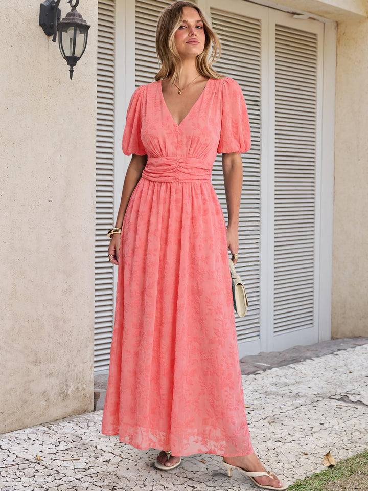 ANRABESS Women’s Floral Maxi Formal Dress Summer Mesh Short Sleeve V Neck Empire Waist Wedding Guest Party Dresses