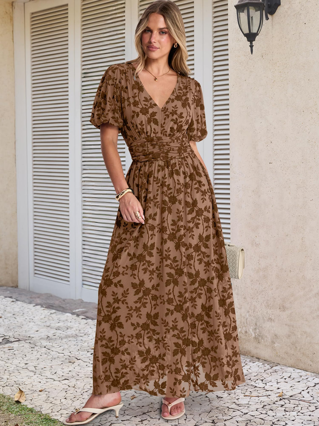 ANRABESS Women’s Floral Maxi Formal Dress Summer Mesh Short Sleeve V Neck Empire Waist Wedding Guest Party Dresses