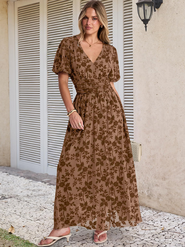 ANRABESS Women’s Floral Maxi Formal Dress Summer Mesh Short Sleeve V Neck Empire Waist Wedding Guest Party Dresses