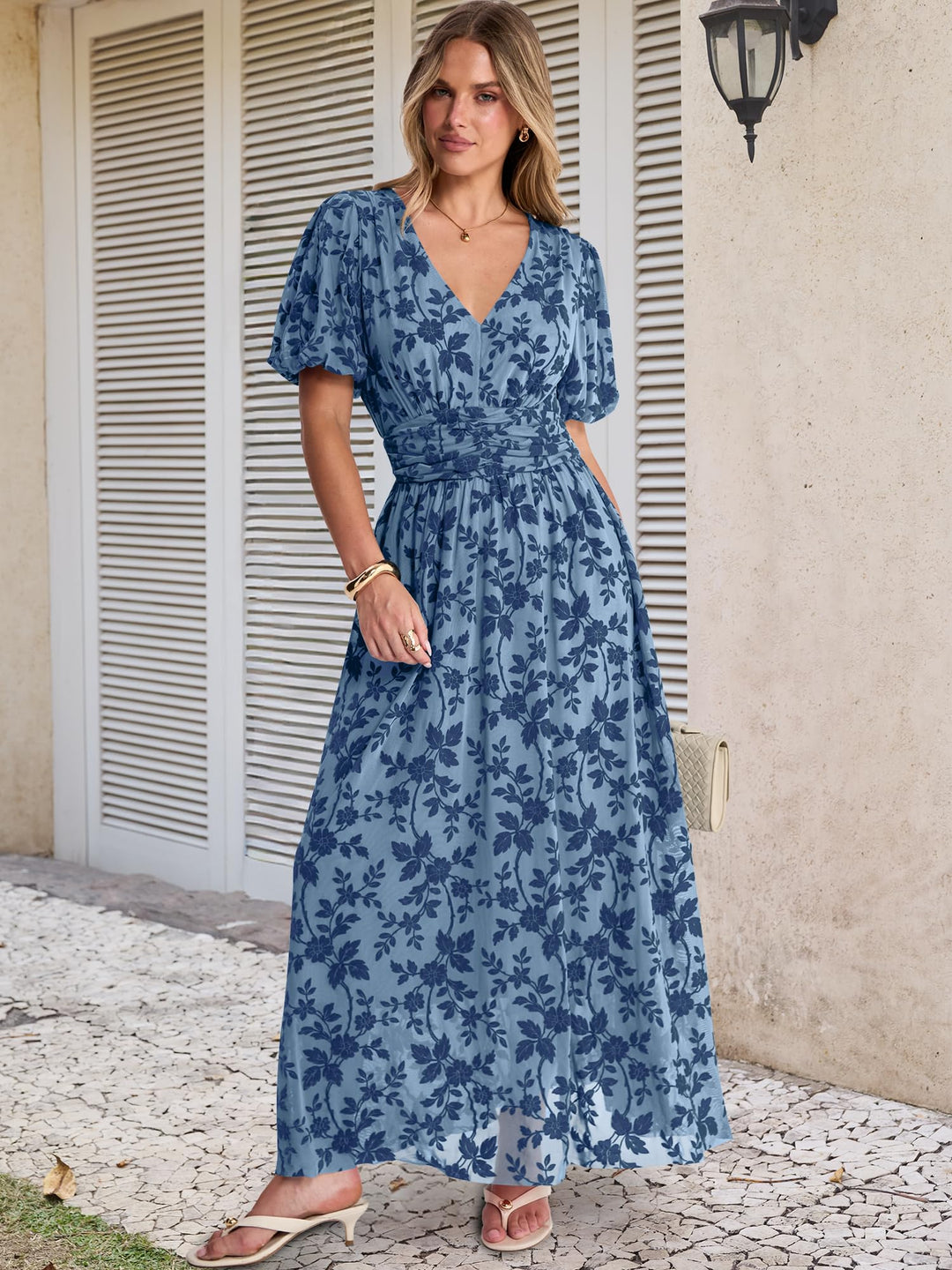 ANRABESS Women’s Floral Maxi Formal Dress Summer Mesh Short Sleeve V Neck Empire Waist Wedding Guest Party Dresses