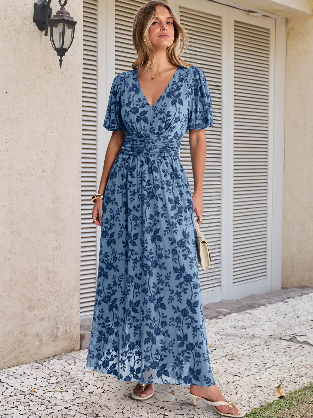 ANRABESS Women’s Floral Maxi Formal Dress Summer Mesh Short Sleeve V Neck Empire Waist Wedding Guest Party Dresses