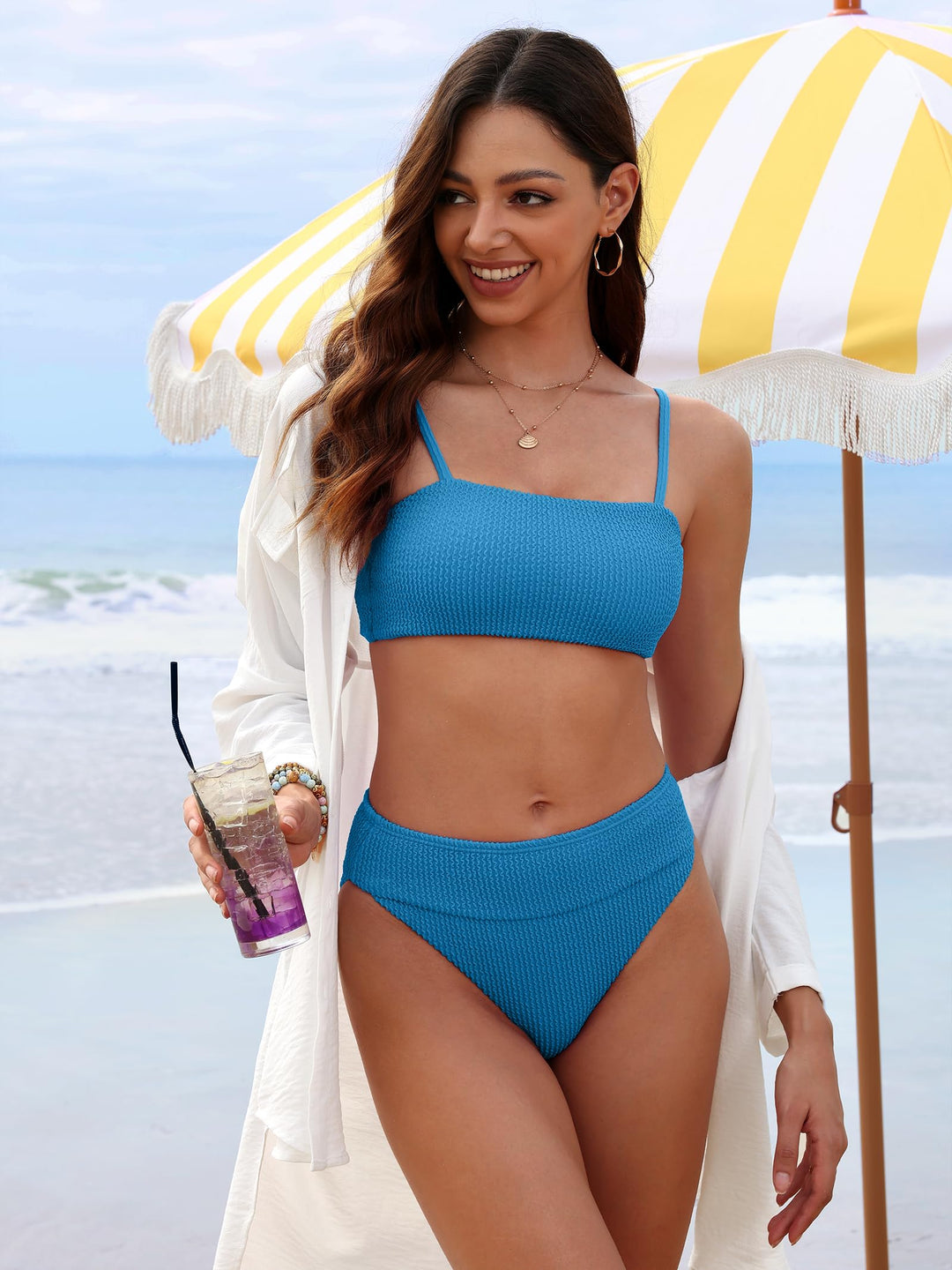 ANRABESS Tummy Control 2 Piece Swimsuits for Women High Waisted Bikini Sets Ribbed Textured Bathing Suits Beach Swimwear
