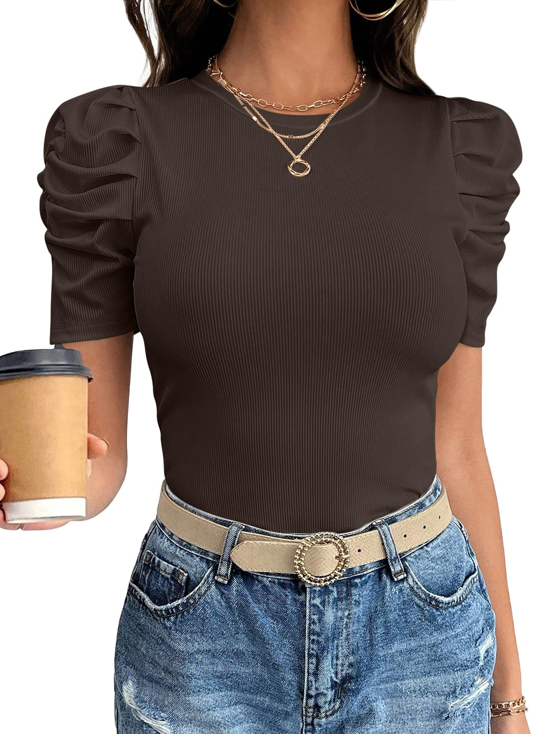 ANRABESS Women's Puff Short Sleeve Ribbed Top
