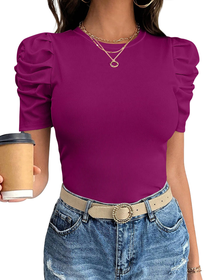 ANRABESS Women's Puff Short Sleeve Ribbed Top