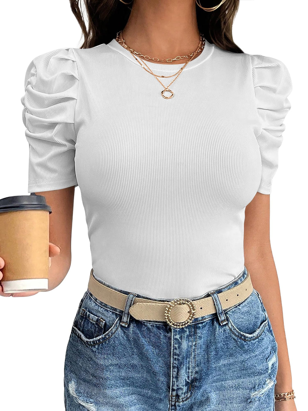ANRABESS Women's Puff Short Sleeve Ribbed Top