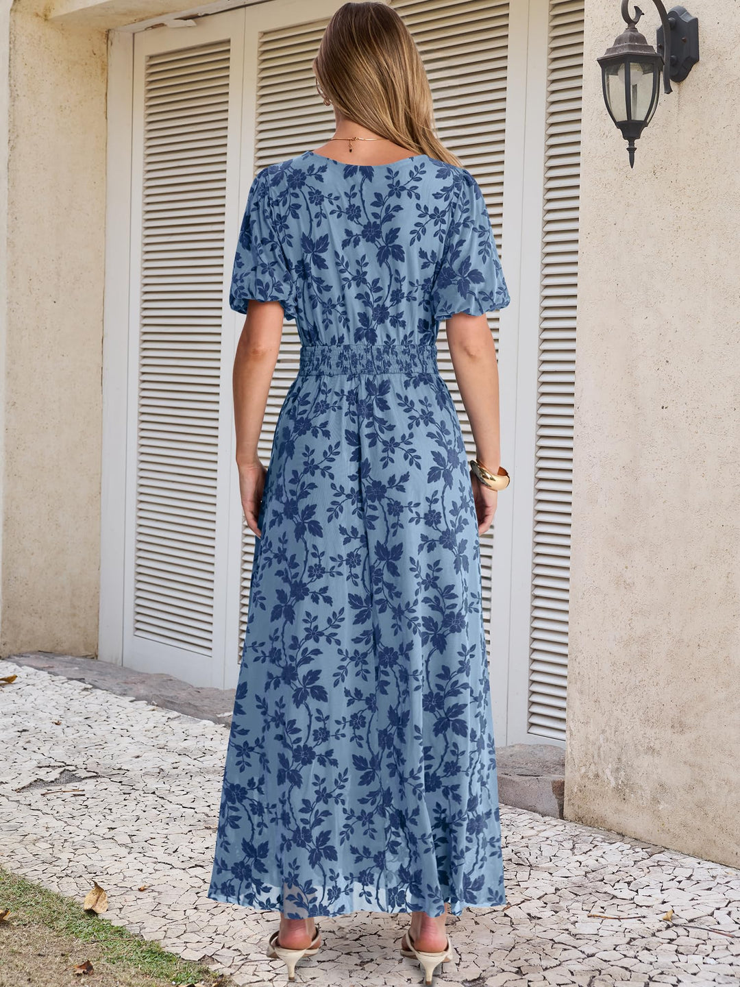 ANRABESS Women’s Floral Maxi Formal Dress Summer Mesh Short Sleeve V Neck Empire Waist Wedding Guest Party Dresses