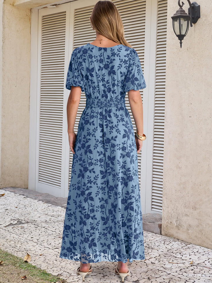 ANRABESS Women’s Floral Maxi Formal Dress Summer Mesh Short Sleeve V Neck Empire Waist Wedding Guest Party Dresses