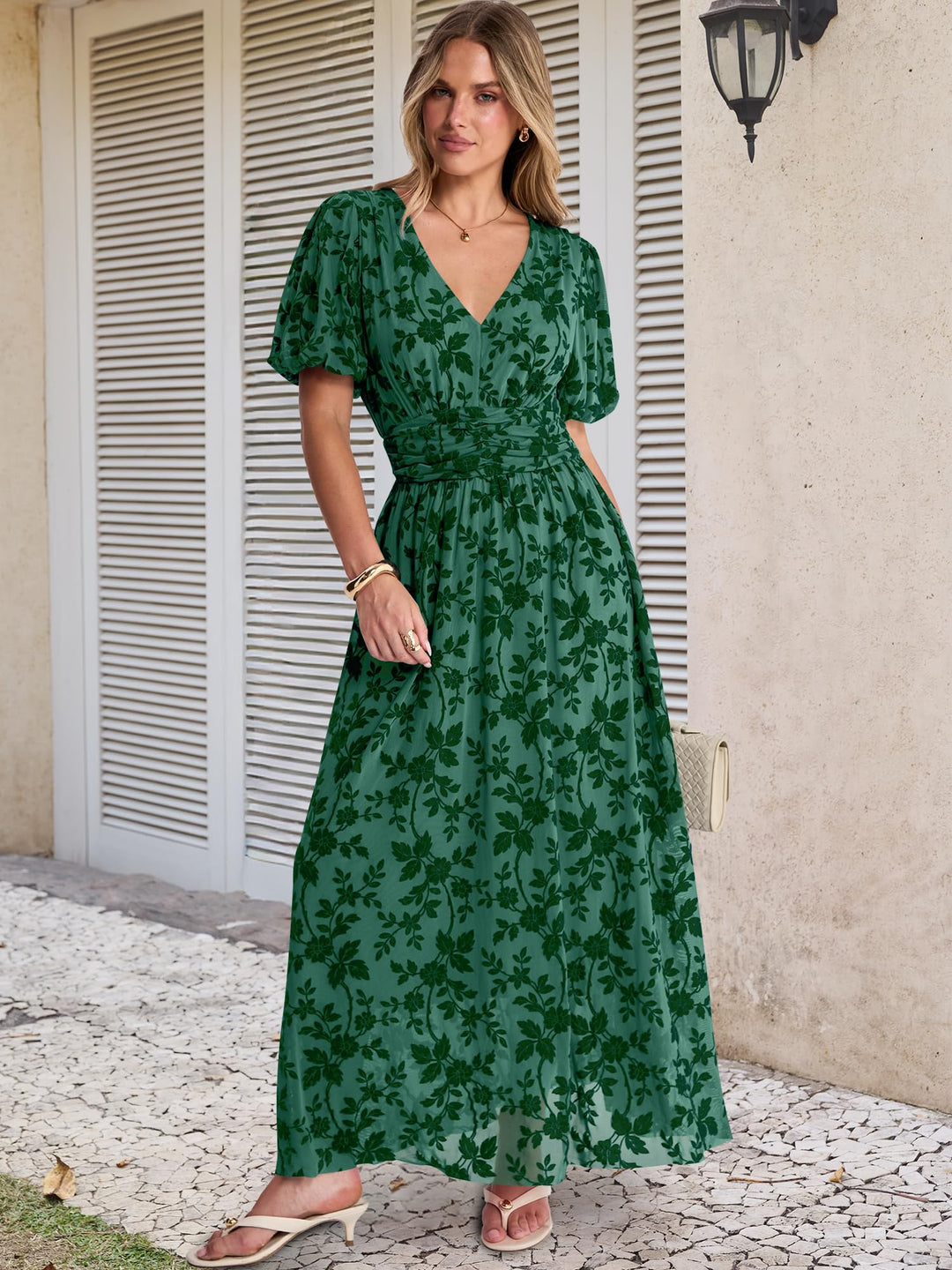 ANRABESS Women’s Floral Maxi Formal Dress Summer Mesh Short Sleeve V Neck Empire Waist Wedding Guest Party Dresses