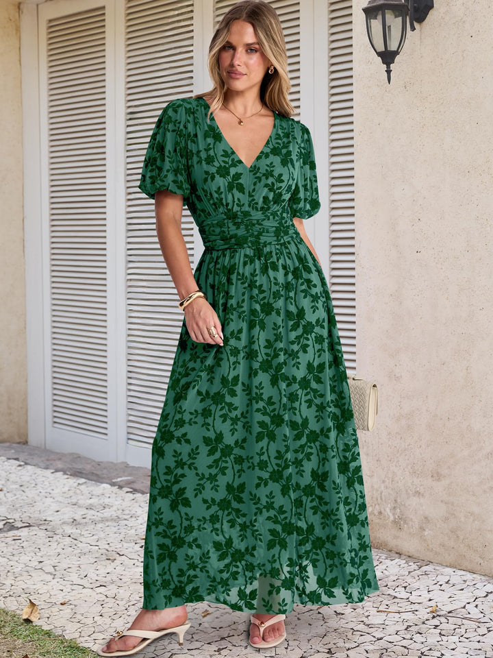 ANRABESS Women’s Floral Maxi Formal Dress Summer Mesh Short Sleeve V Neck Empire Waist Wedding Guest Party Dresses