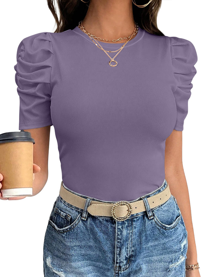 ANRABESS Women's Puff Short Sleeve Ribbed Top