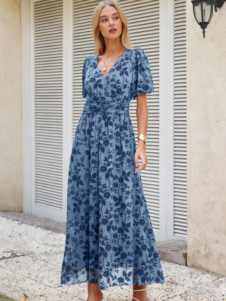 ANRABESS Women’s Floral Maxi Formal Dress Summer Mesh Short Sleeve V Neck Empire Waist Wedding Guest Party Dresses
