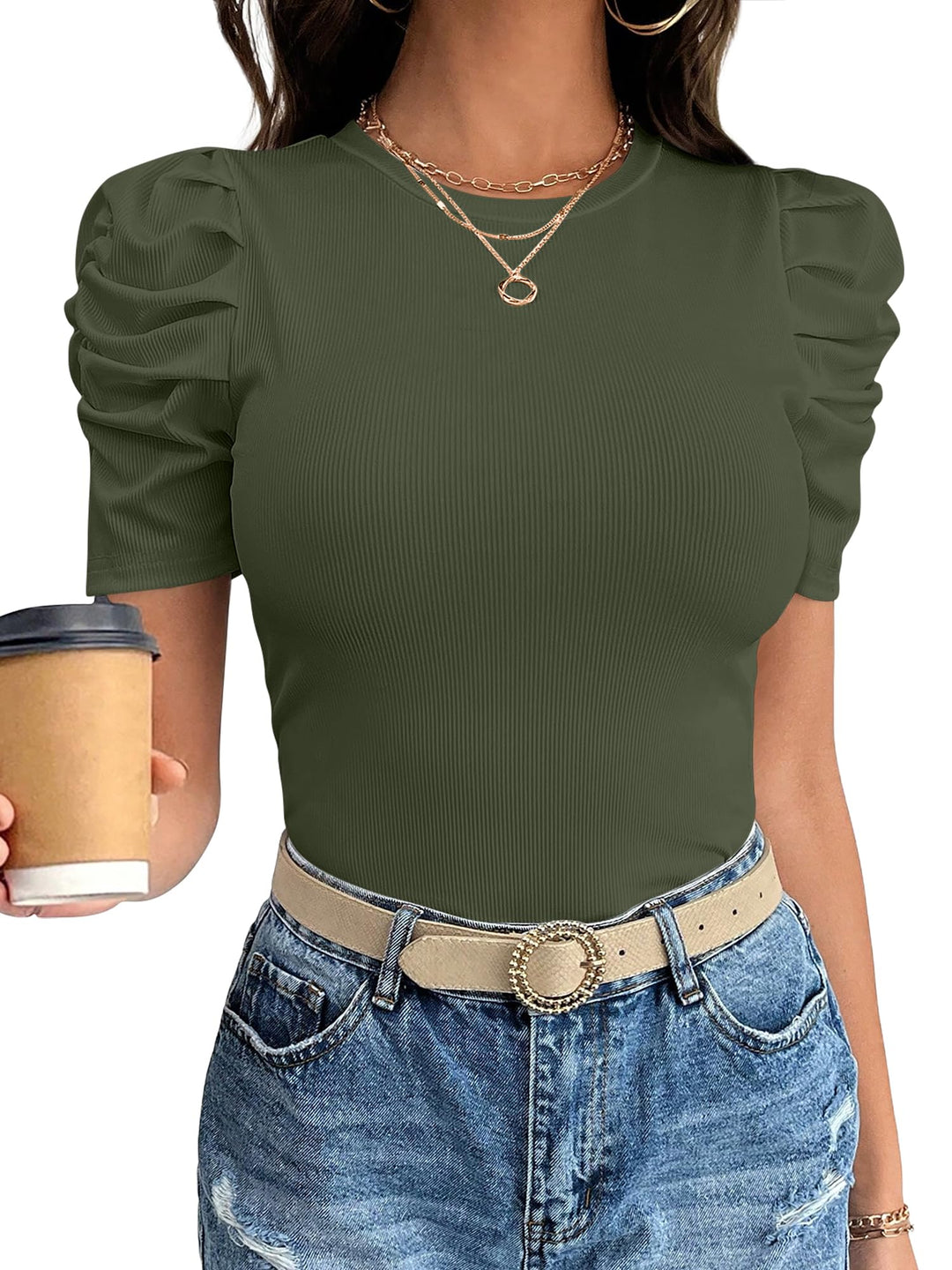 ANRABESS Women's Puff Short Sleeve Ribbed Top