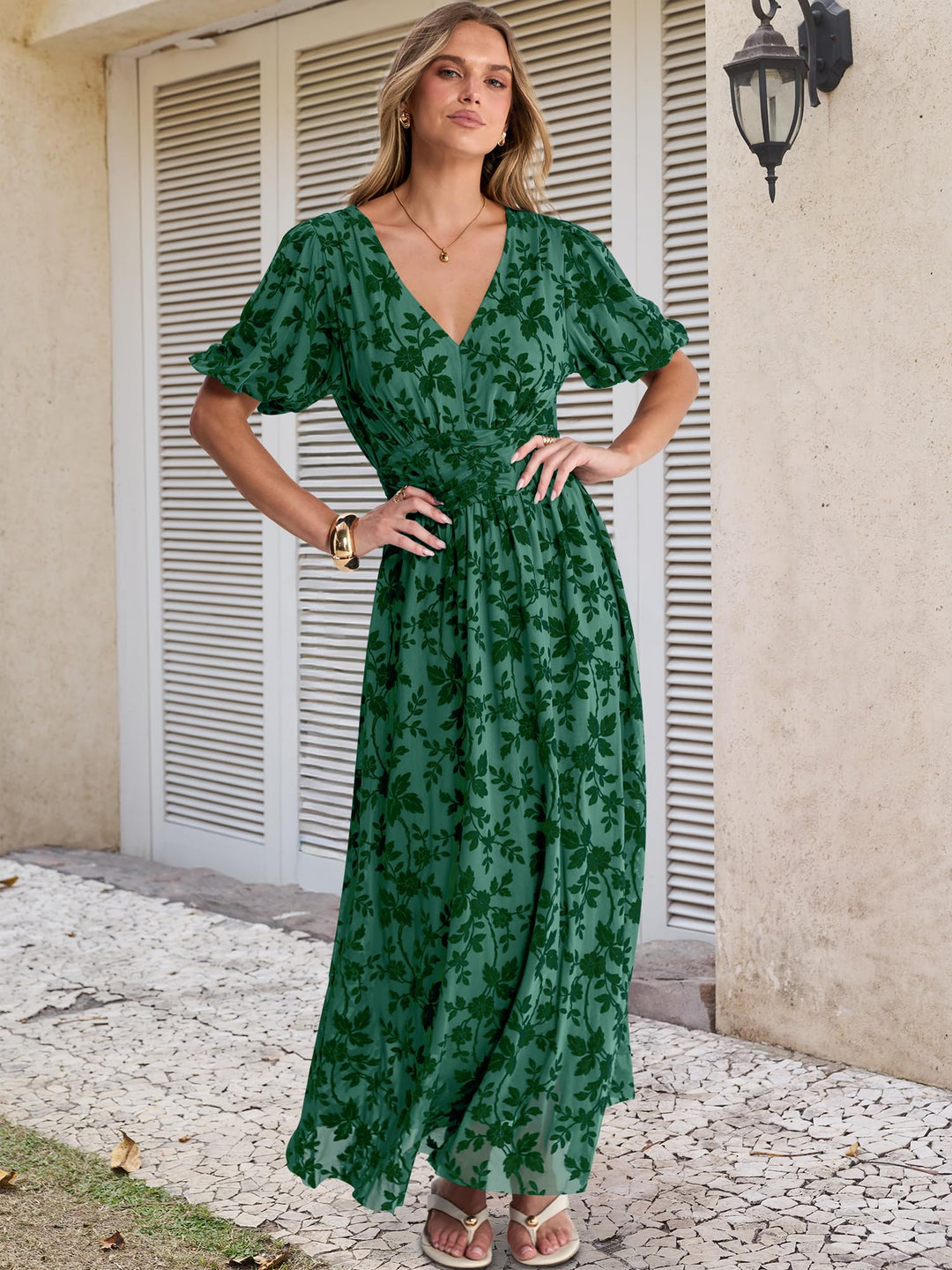 ANRABESS Women’s Floral Maxi Formal Dress Summer Mesh Short Sleeve V Neck Empire Waist Wedding Guest Party Dresses