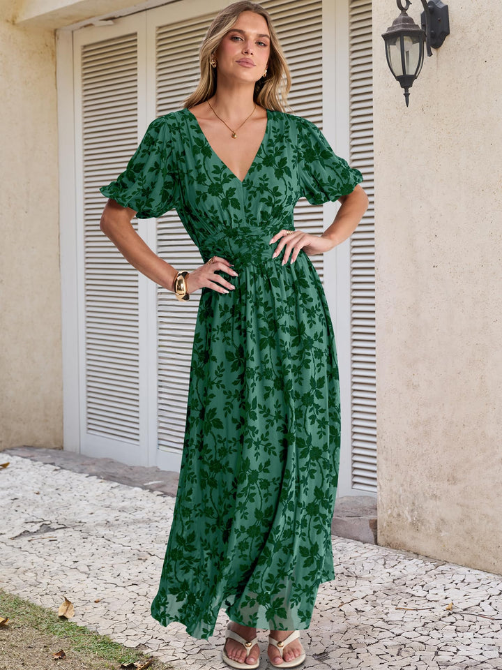 ANRABESS Women’s Floral Maxi Formal Dress Summer Mesh Short Sleeve V Neck Empire Waist Wedding Guest Party Dresses