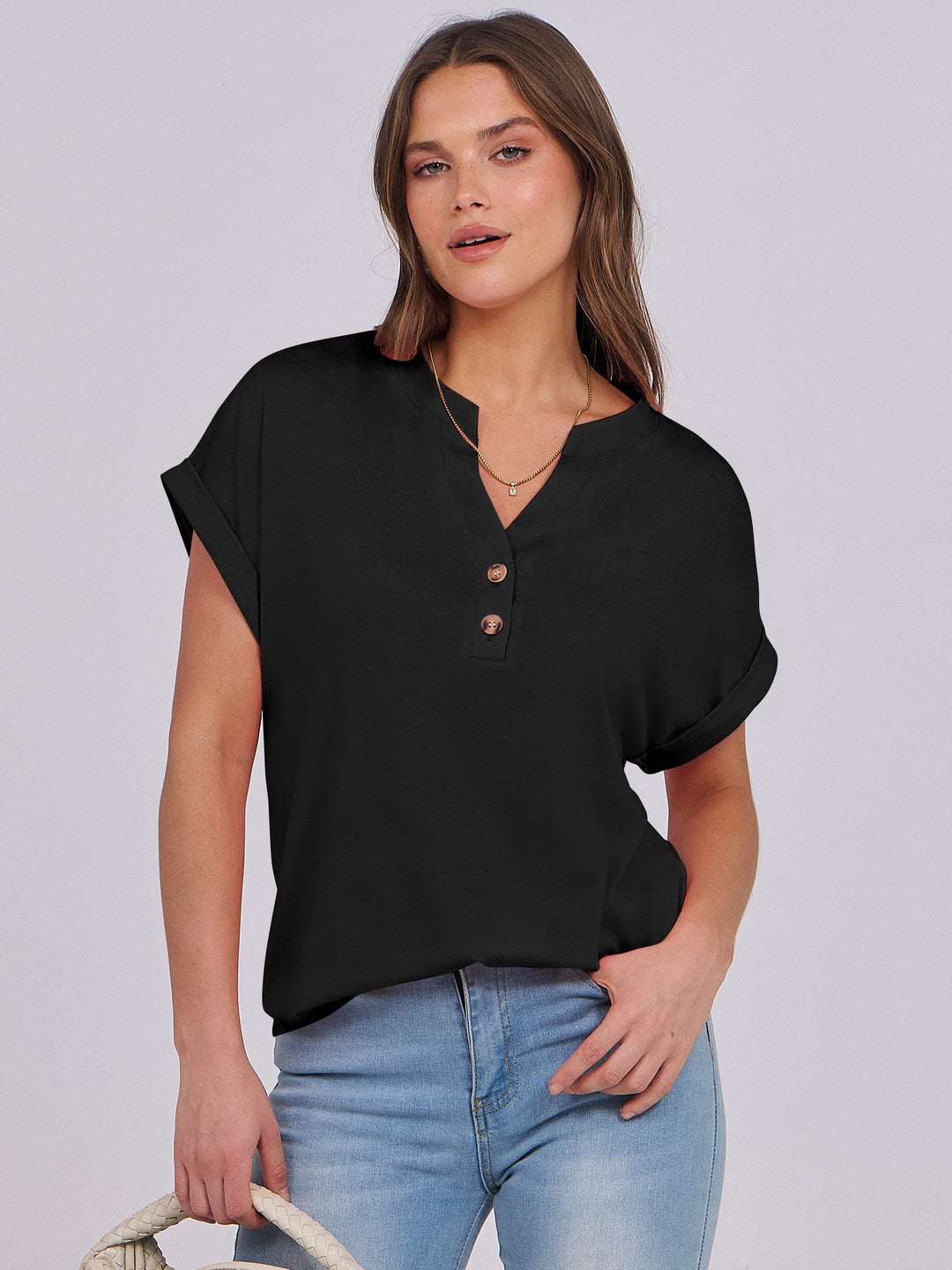 ANRABESS Womens Short Sleeve Henley Tops V Neck Dressy Casual Blouses Summer Trendy Tee Shirts 2026 Vacation Fashion Clothes