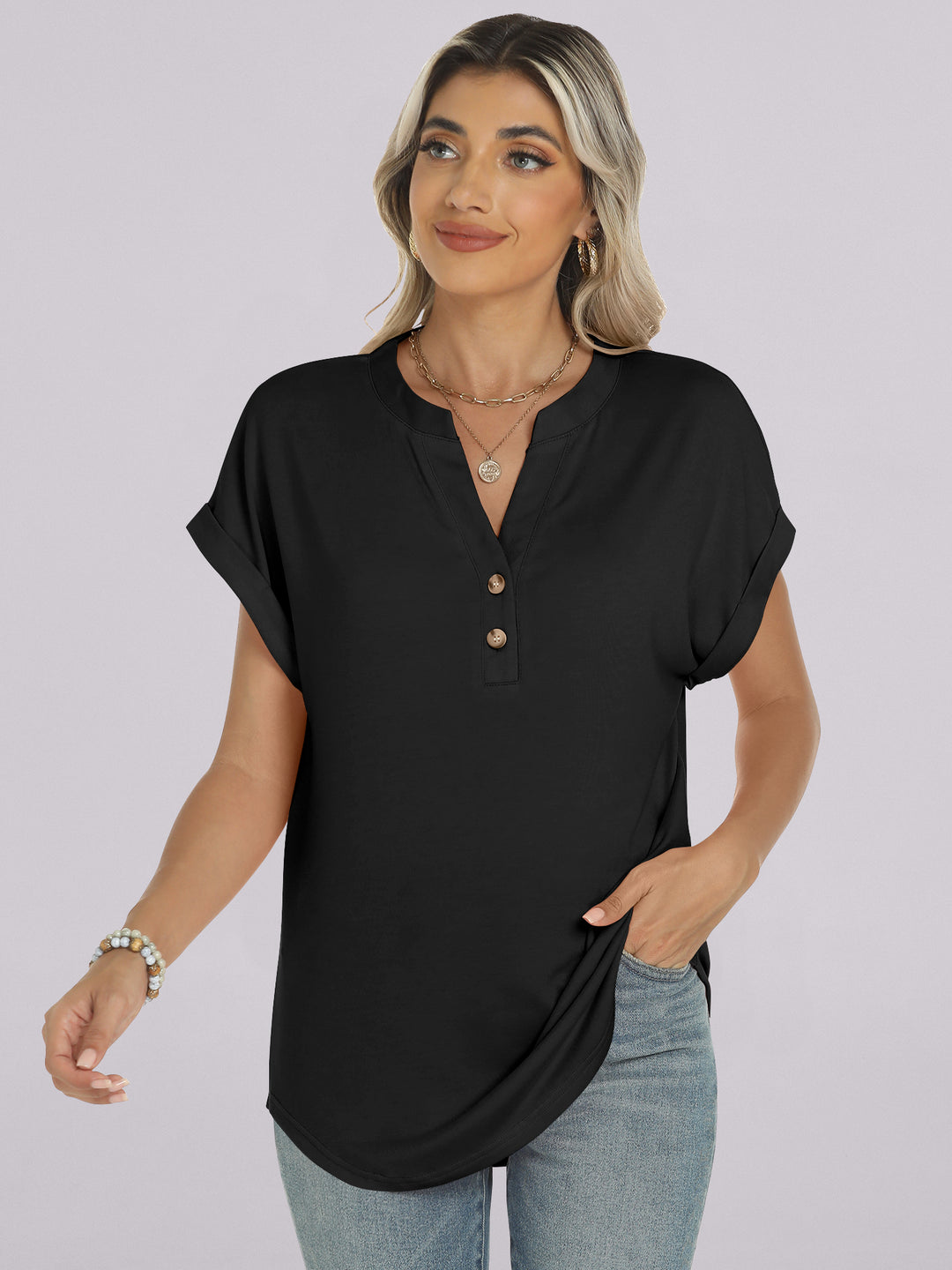 ANRABESS Womens Short Sleeve Henley Tops V Neck Dressy Casual Blouses Summer Trendy Tee Shirts 2026 Vacation Fashion Clothes