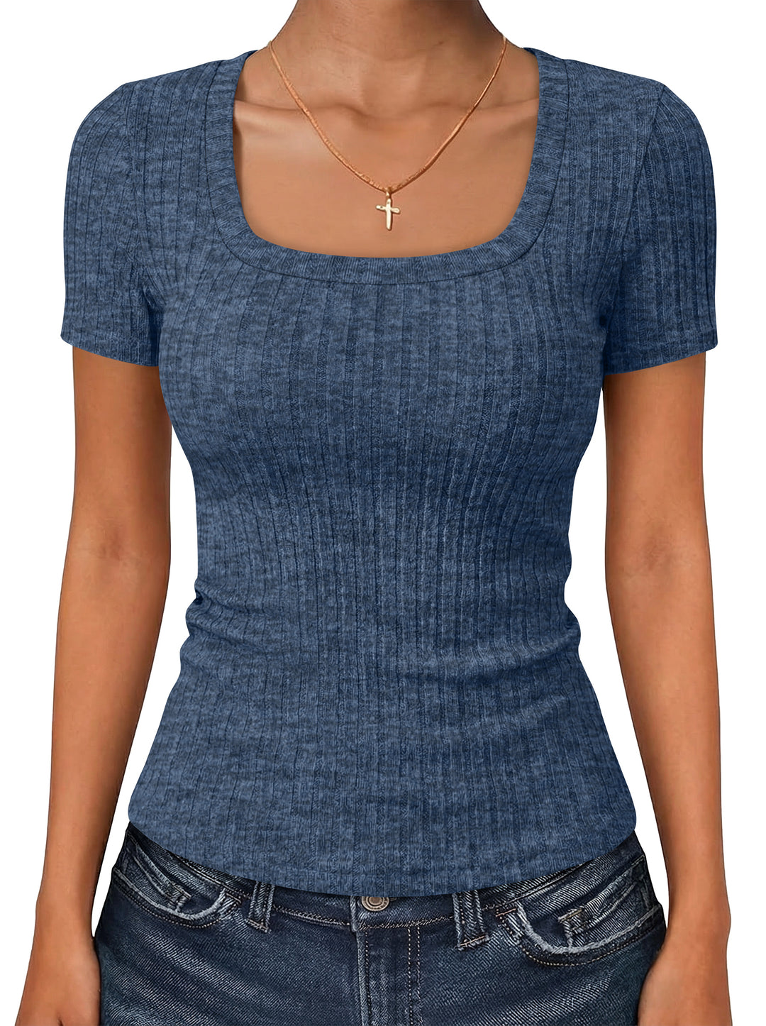 ANRABESS Womens Square Neck Tops, Soft Lightweight Rib Knit Sweater, Short Sleeve Slim Fit Shirts, Summer Casual Outfits 2026
