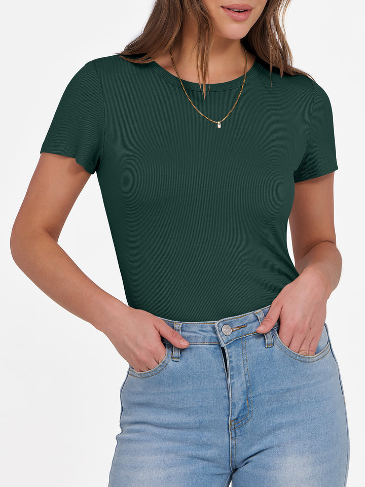 ANRABESS Womens Short Sleeve Tops Crewneck Ribbed Knit Slim Fit Basic Tee Casual Summer Fitted T Shirt