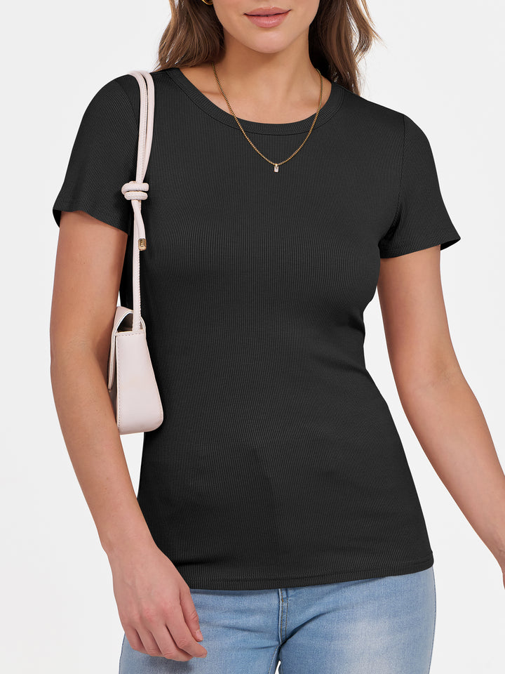 ANRABESS Womens Short Sleeve Tops Crewneck Ribbed Knit Slim Fit Basic Tee Casual Summer Fitted T Shirt