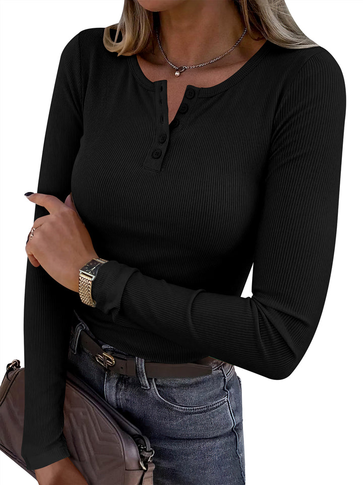 ANRABESS Womens Long Sleeve Henley Tops, Ribbed Slim Fit Shirts, Comfy Stretchy Fall Winter Layer，Basic Tee for Work & Travel